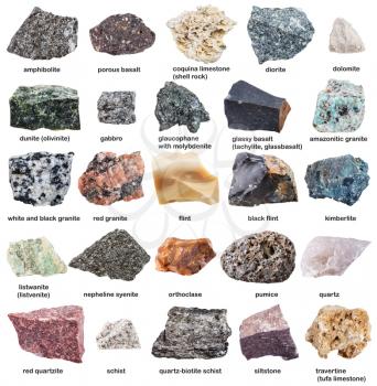 various raw minerals with names isolated on white background