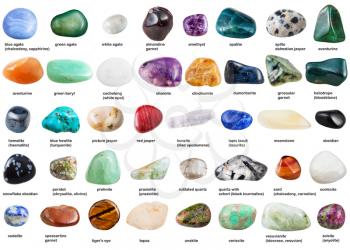 set of various tumbled gemstones with names isolated on white background