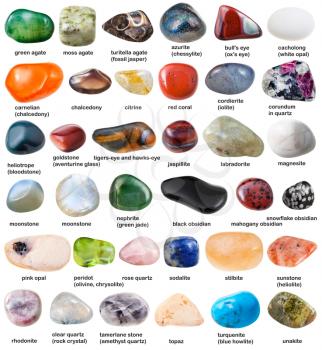 collection of various tumbled gemstones with names isolated on white background