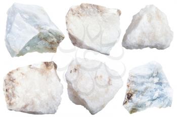 collection from specimens of anhydrite stone isolated on white background