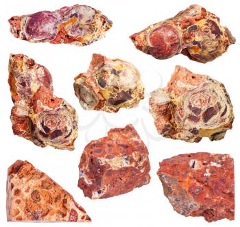 collection from specimens of bauxite (aluminium ore) mineral isolated on white background
