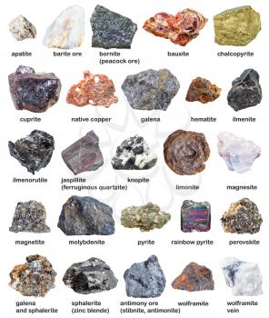 various raw minerals and ores with names isolated on white background