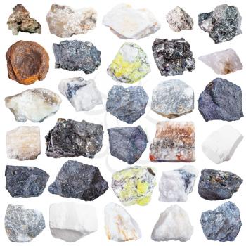 set of natural mineral specimens - apatite, gypsum, anhydrite, molybdenite, bornite, halite, chromite, wolframite, antimonite, bauxite, barite, coal, sulfur, talc, magnetite, limonite, etc, isolated