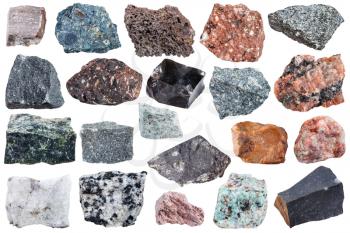 collection of Igneous rock specimens - pegmatite, trachyte, tuff, orthoclase, rhyolite, nepheline, syenite, andesite, dacite, carbonatite, diorite, dunite, gabbro, kimberlite, obsidian, etc isolated