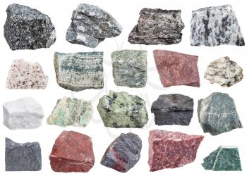 collection of metamorphic rock specimens - amphibolite, migmatite, quartzite, skarn, quartz, schist, listvenite, jasper, jaspillite, shale, coal, hornfels, slate, phyllite, gneiss, talc, etc, isolated