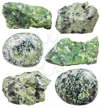 collection from specimens of serpentine and serpentinite minerals isolated on white background