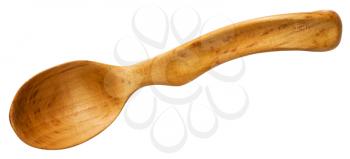 top view of traditional wooden spoon carved from hawthorn wood isolated on white background