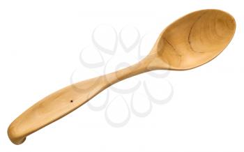 top view of traditional wooden spoon carved from maple wood isolated on white background