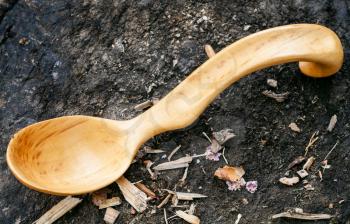 traditional wooden spoon carved from hawthorn wood lying on ground