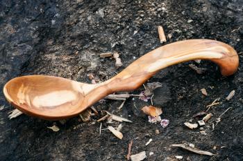 traditional wooden spoon carved from Apple tree wood lying on ground