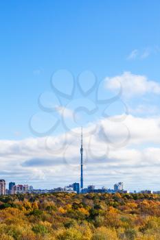 blue sky over autumn forest and city with tv tower on horizon in sunny day