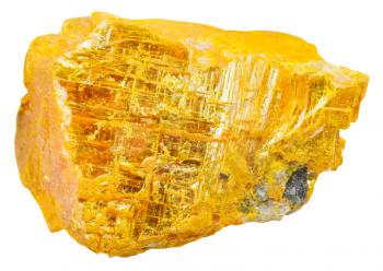 macro shooting of specimen of natural mineral - yellow orpiment (ratebane, yellow arsenic, yellow ratebane) piece isolated on white background
