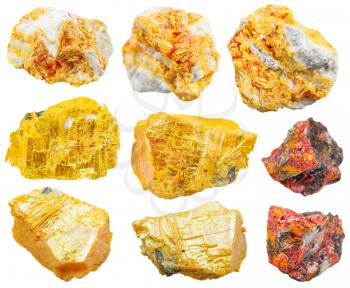 set of various orpiment minerals isolated on white background