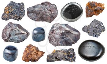 set of various hematite mineral rocks and gemstones isolated on white background