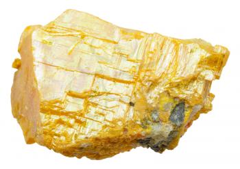 macro shooting of specimen of natural mineral - yellow orpiment (ratebane, yellow arsenic, yellow ratebane) stone isolated on white background