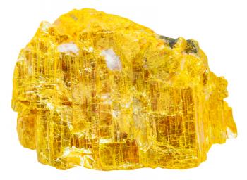 macro shooting of specimen of natural mineral - yellow orpiment (ratebane, yellow arsenic, yellow ratebane) rock isolated on white background
