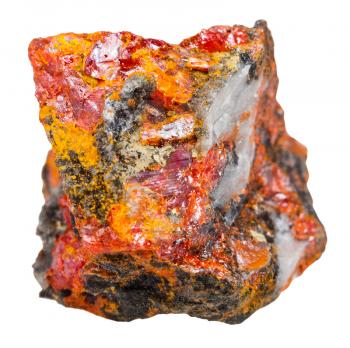 macro shooting of specimen of natural mineral - stone with crystals of Realgar isolated on white background