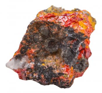 macro shooting of specimen of natural mineral - rock with Realgar crystals isolated on white background