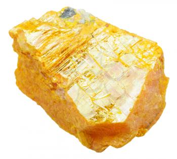 macro shooting of specimen of natural mineral - piece of orpiment (ratebane, yellow arsenic, yellow orpiment, yellow ratebane) stone isolated on white background