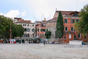 travel to Italy - Campo San Polo square in historic area of Venice city in autumn. The Campo San Polo is the largest campo in Venice, the second largest Venetian public square