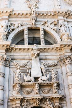 travel to Italy - statue of Vincenzo Fini on facade church Chiesa di San Moise in Venice