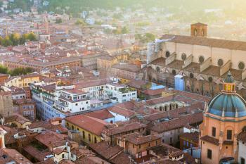 travel to Italy - above view of apartment buildinds in Bologna town from Torre Asinelli ( Asinelli Tower) at sunset