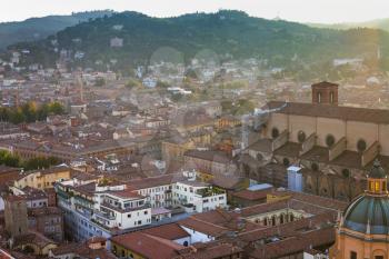 travel to Italy - above view of Bologna town from Torre Asinelli ( Asinelli Tower) at sunset