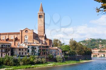 travel to Italy - view of Sant Anastasia church near Ponte Pietra on Adige river bank in Verona city