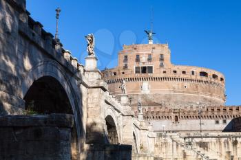 travel to Italy - bottom view of bridge of St Angel and Castel Sant Angelo (Castle of the Holy Angel, Mausoleum of Hadrian) in Rome city