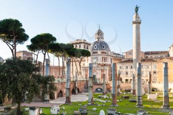 travel to Italy- piazza of Trajan's Forum, Trajan Column, Santissimo Nome di Maria al Foro Traiano Church in ancient roman forums in Rome city