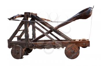 ancient wooden catapult isolated on white background