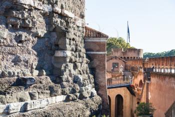 travel to Italy - ancient stone walls of Castel Sant Angelo (Castle of the Holy Angel, Mausoleum of Hadrian) in Rome city.