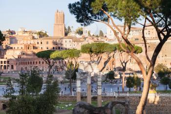 travel to Italy - view of forum of Caesar, road Via dei Fori Imperiali, Trajan's Forum in ancient roman forums in Rome city