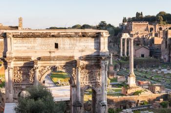 travel to Italy - Arch of Septimius Severus and Forum of Caesar on Roman Forums in Rome city