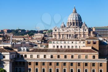 travel to Italy - view of St Peter's Basilica in Vatican city and houses in Borgo district in Rome from San Angelo Castle