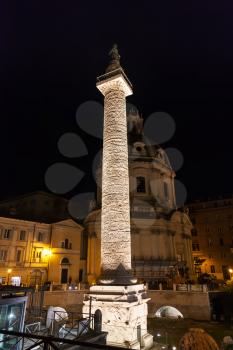 travel to Italy - Trajan Column, Santissimo Nome di Maria al Foro Traiano Church in ancient roman forums in Rome city in night