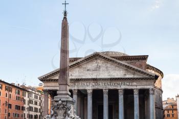 travel to Italy - facade of Pantheon church and egyptian obelisk on piazza della rotonda in Rome city