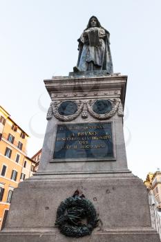 travel to Italy - monument to the philosopher Giordano Bruno at the centre of square Campo de' Fiori in Rome city
