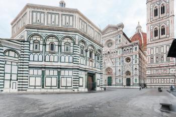 travel to Italy - Piazza San Giovanni with Baptistery (Battistero di San Giovanni, Baptistery of Saint John) and Duomo Cathedral Santa Maria del Fiore with Giotto's Campanile in Florence in morning