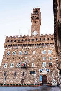view of Palazzo Vecchio (Old Palace, Town Hall) from Piazza della Signoria in Florence city in morning.