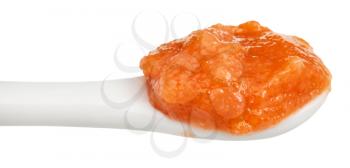 salty caviar of carp fish in ceramic spoon isolated on white background