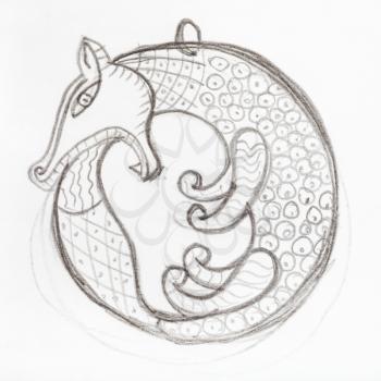 pendant sketch hand drawn by lead pencil - fox biting its tail in Scythian style