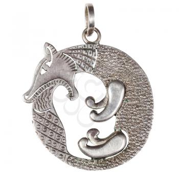 hand made stylized silver jewelry pendant - fox biting its tail Scythian style isolated on white background