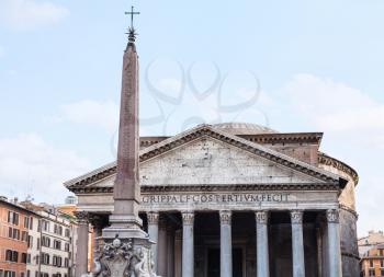 travel to Italy - facade of Pantheon temple and egyptian obelisk on piazza della rotonda in Rome city