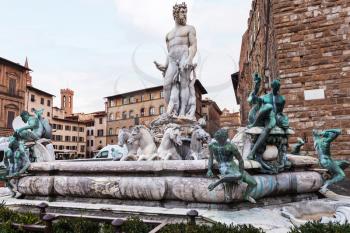 travel to Italy - view of Fountain of Neptune on the Piazza della Signoria (Signoria square) in Florence city in morning.