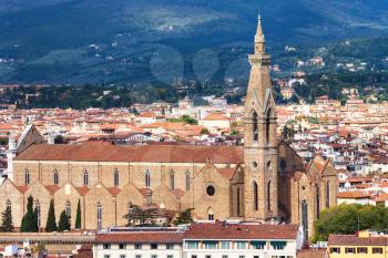 travel to Italy - above view of Basilica Santa Croce in Florence city from Piazzale Michelangelo