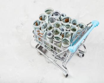 shopping trolley with rolls from dollar banknotes on concrete board