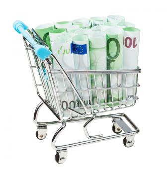 supermarket trolley with rolls from euro banknotes isolated on white background