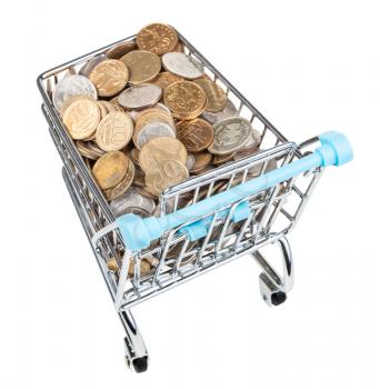 shopping trolley with russian coins isolated on white background