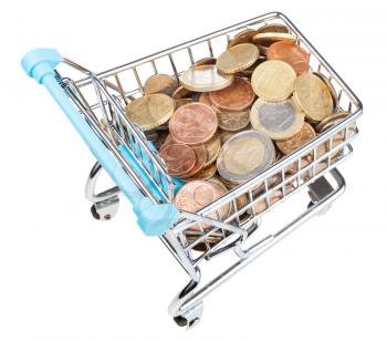 above view of shopping-cart with euro coins isolated on white background
